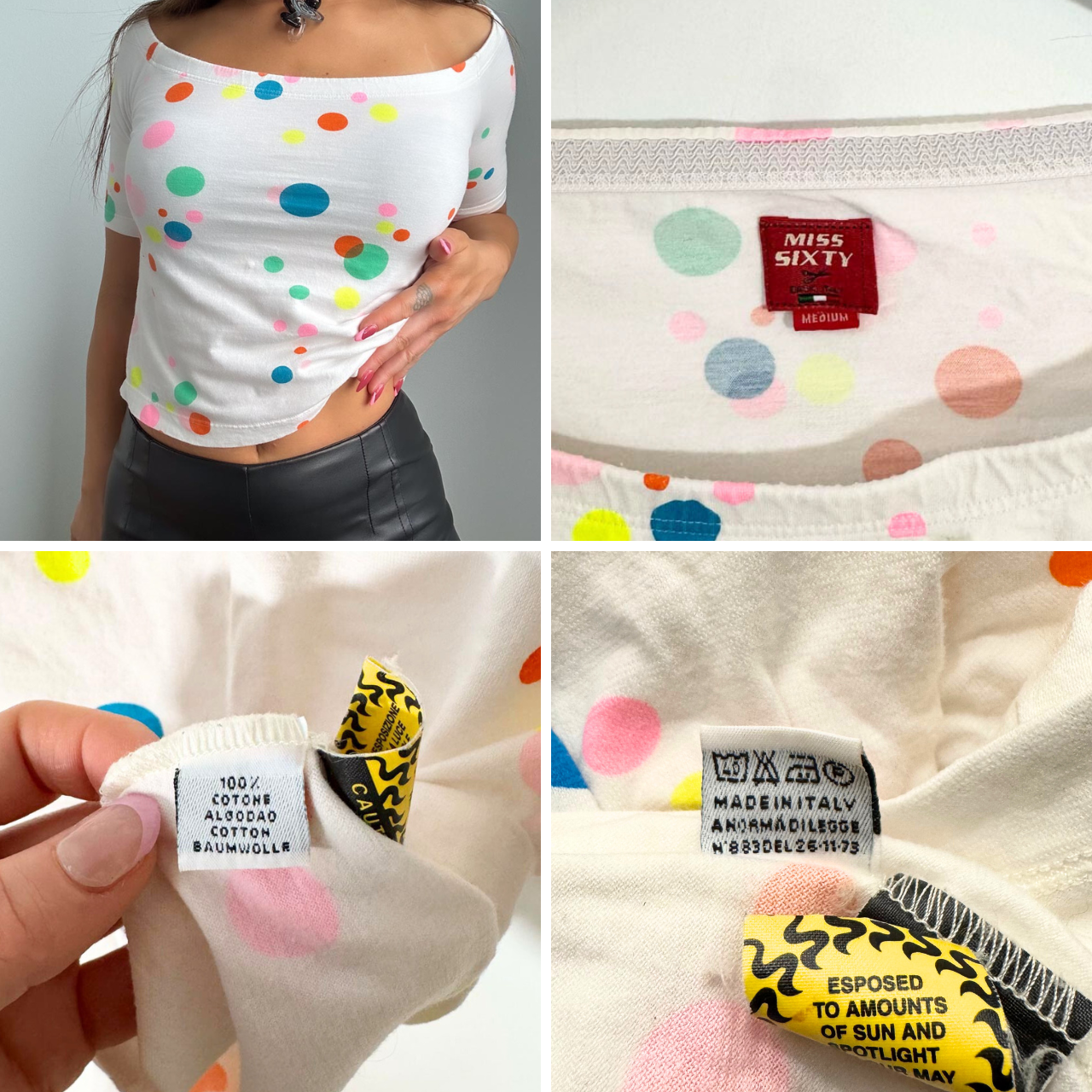 Vintage Miss Sixty Polkadot Off The Shoulder Raglan 3/4 Sleeve Baby Doll Crop Tee (M) ❣️