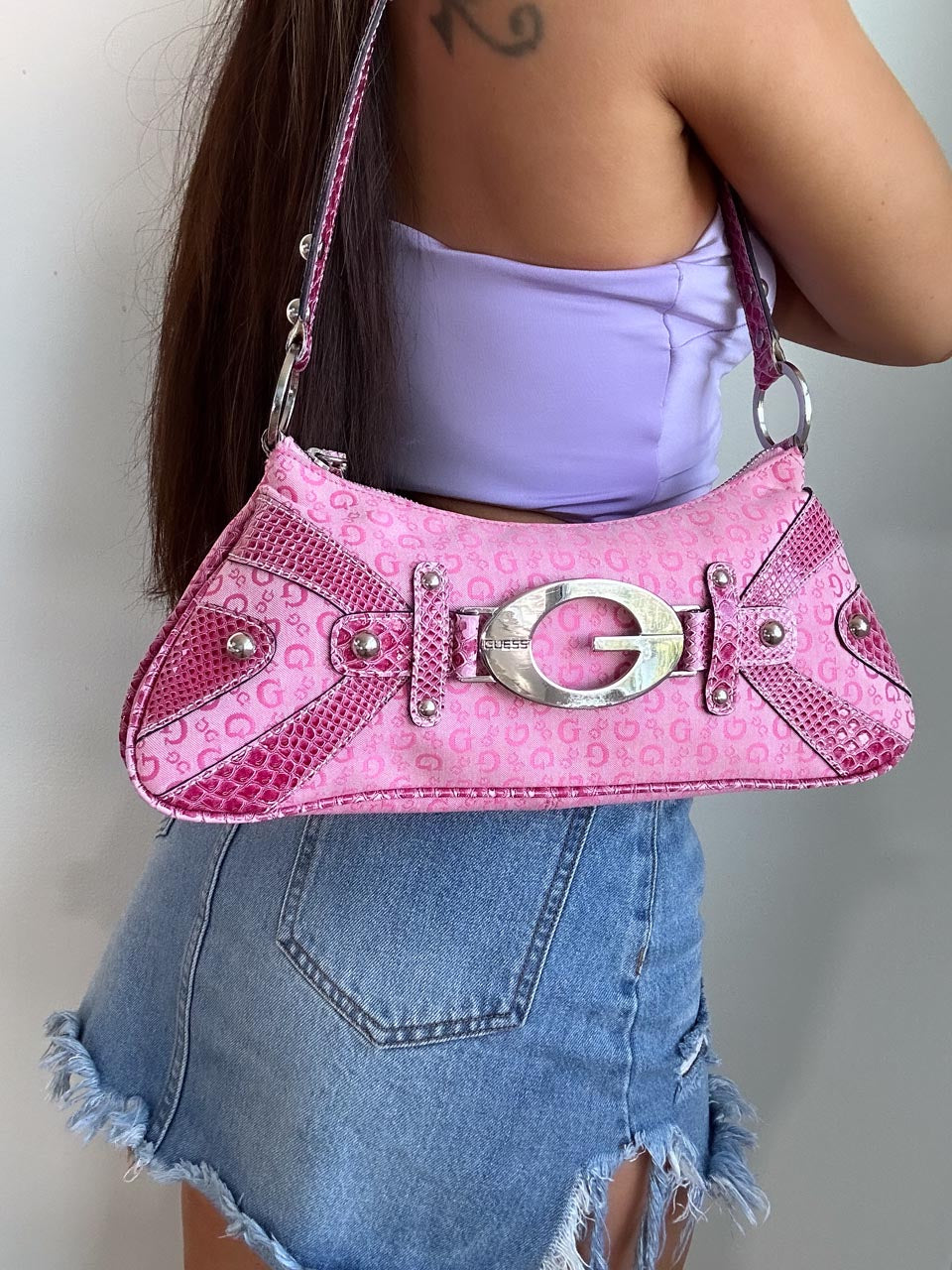 Y2K 00s Pink Guess Baguette with Guess Monogram