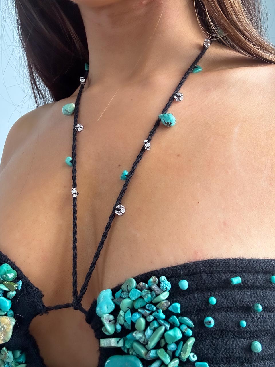 Y2K Mcbling Cami Halter Top in Wool, Boho Knitted Top with Turquoise Stone (M)