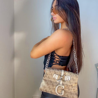 y2k guess monogram gold shoulder purse