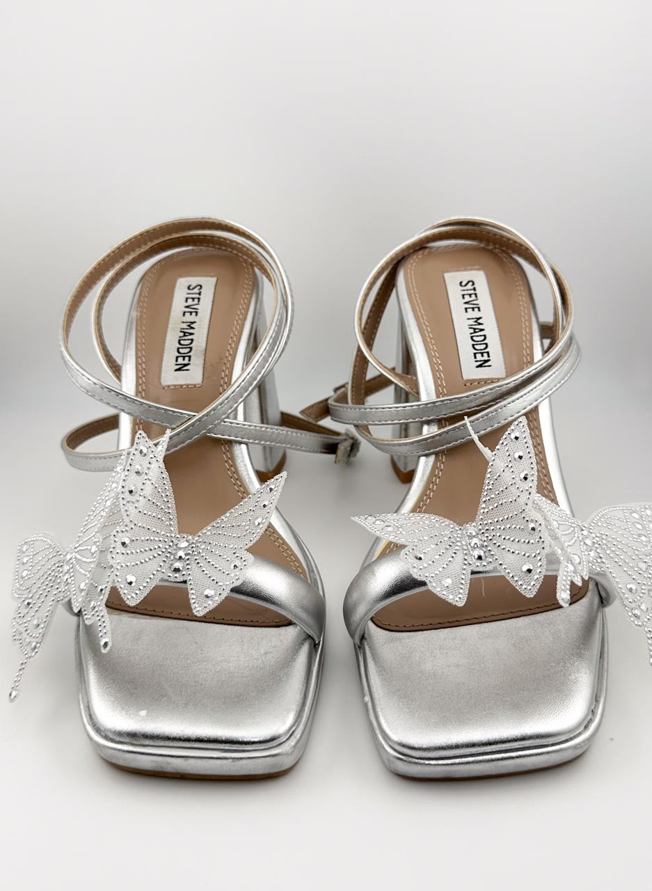 Y2K Mcbling Silver Butterfly Platform Heels, Coquette Lace Up Chunky Platforms (6M)