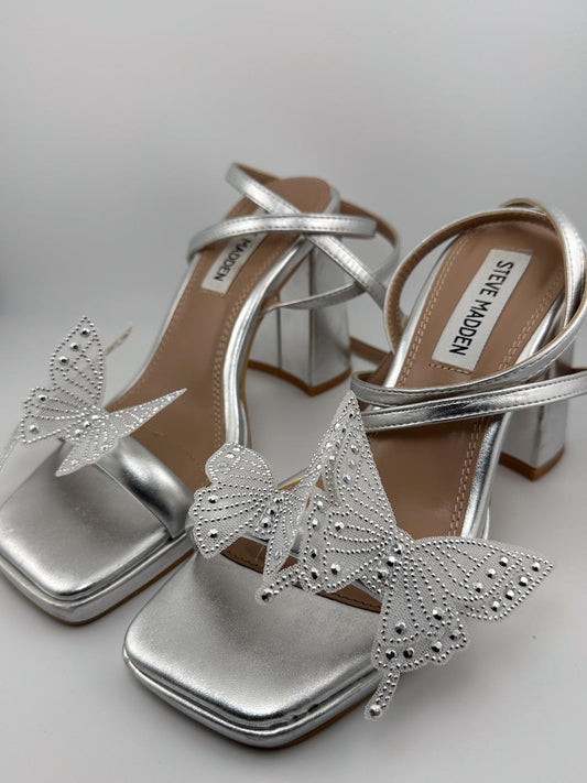 Y2K Mcbling Silver Butterfly Platform Heels, Coquette Lace Up Chunky Platforms (6M)