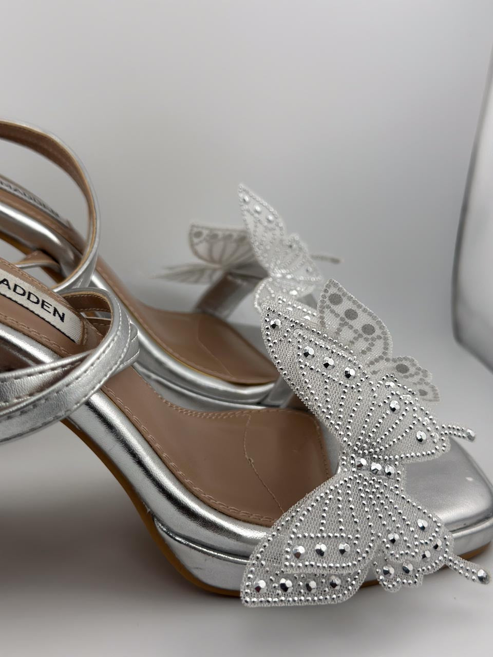 Y2K Mcbling Silver Butterfly Platform Heels, Coquette Lace Up Chunky Platforms (6M)