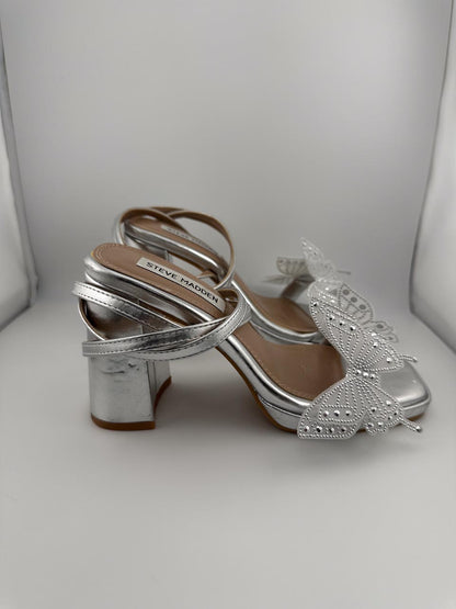 Y2K Mcbling Silver Butterfly Platform Heels, Coquette Lace Up Chunky Platforms (6M)