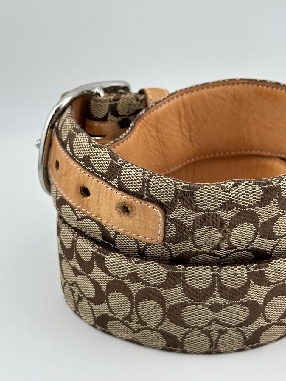 Vintage Y2K COACH Khaki Belt in Brown Leather Canvas Signature C Size (XL)