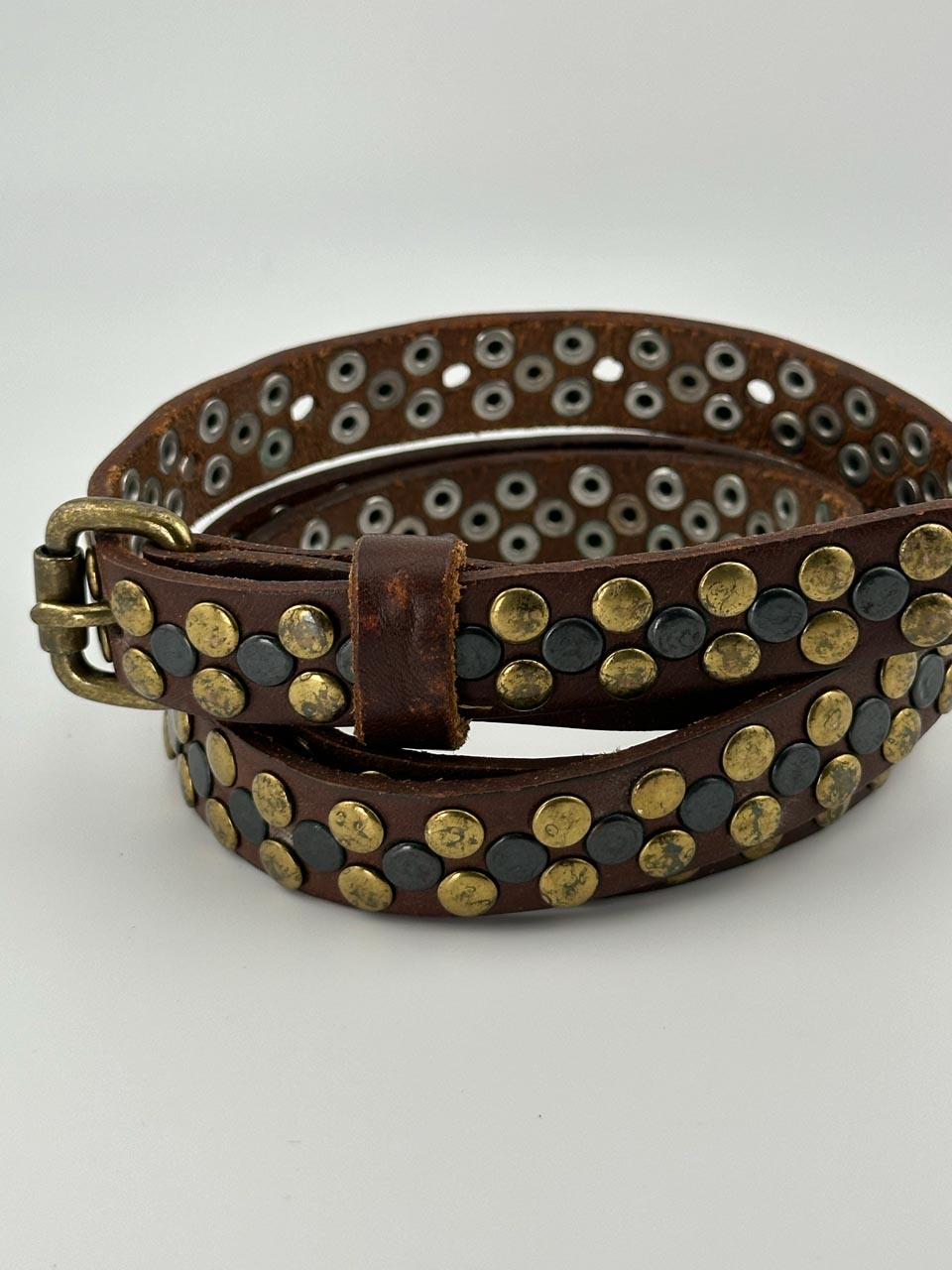 J.Crew Brown Leather Punk Studded Belt, Unisex Gothic Punk, Boho Waist Belt (S)