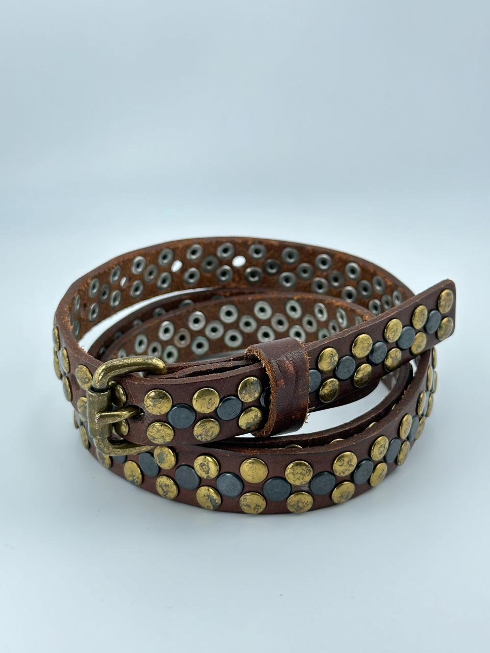 J.Crew Brown Leather Punk Studded Belt, Unisex Gothic Punk, Boho Waist Belt (S)
