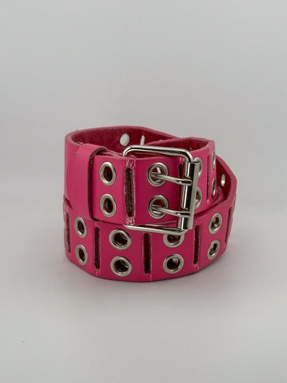 Y2K Double Studded Eyelet Belt, Unisex Pink Punk Leather Belt (M/L)