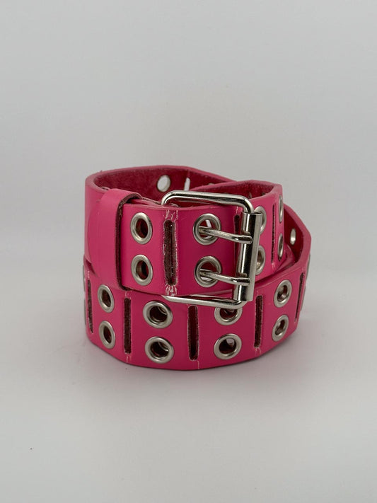 Y2K Double Studded Eyelet Belt, Unisex Pink Punk Leather Belt (M/L)
