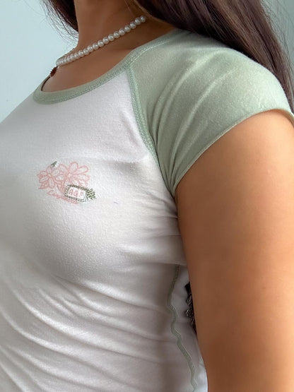 Vintage Y2K Abercrombie & Fitch Hibiscus Flower Graphic Baby Tee in Semi Sheer Fabric, Coconut Girl Top (S)
