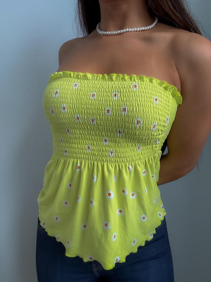 Naturecore Green Flower Shirt, Hippiecore Boho Tube Top, Cute Strapless Cami (M)