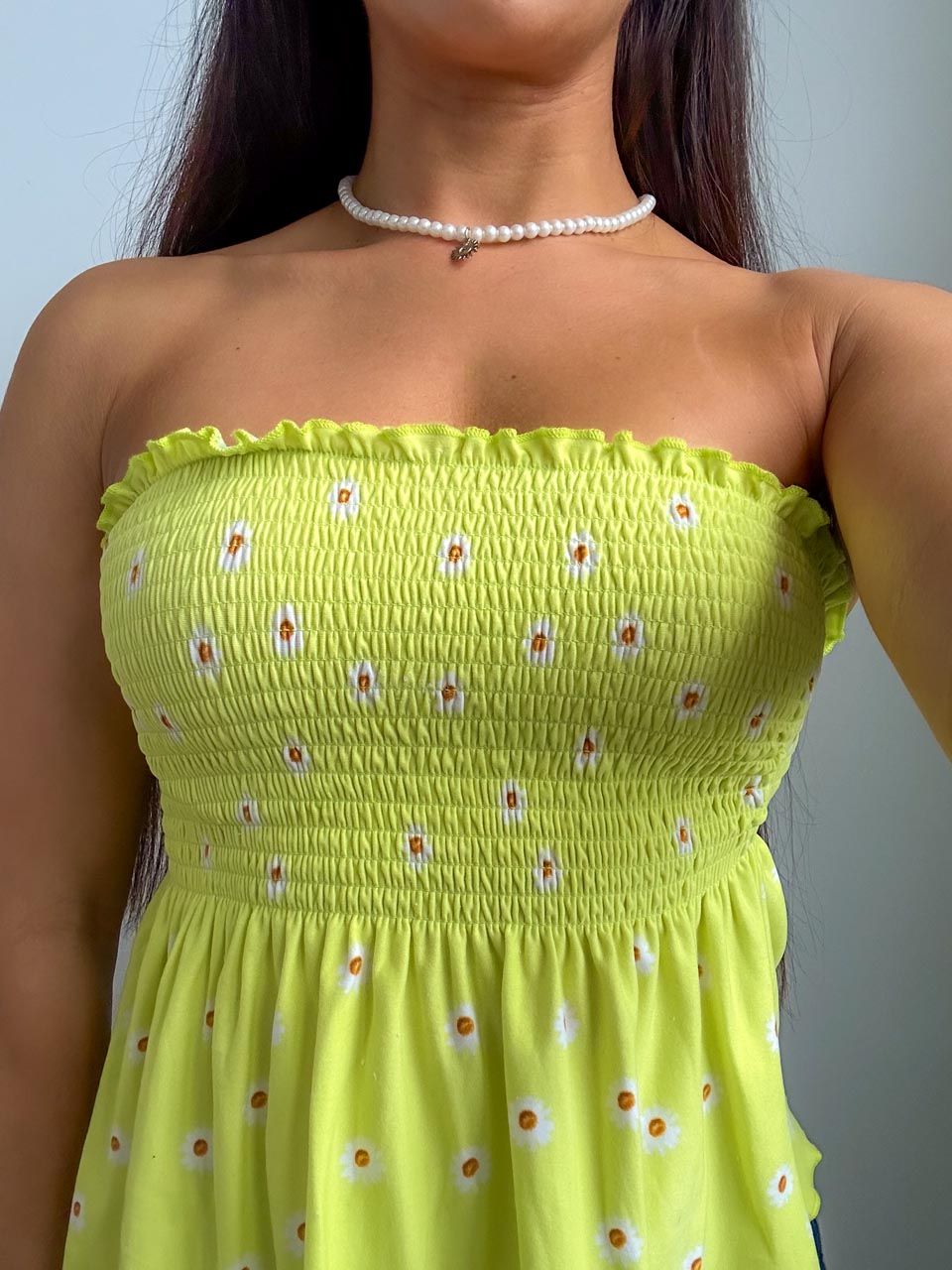 Naturecore Green Flower Shirt, Hippiecore Boho Tube Top, Cute Strapless Cami (M)