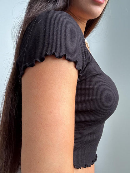 Whimsy Goth Crop Top, Dark Coquette Top in Black (S)