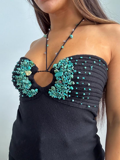 Y2K Mcbling Cami Halter Top in Wool, Boho Knitted Top with Turquoise Stone (M)