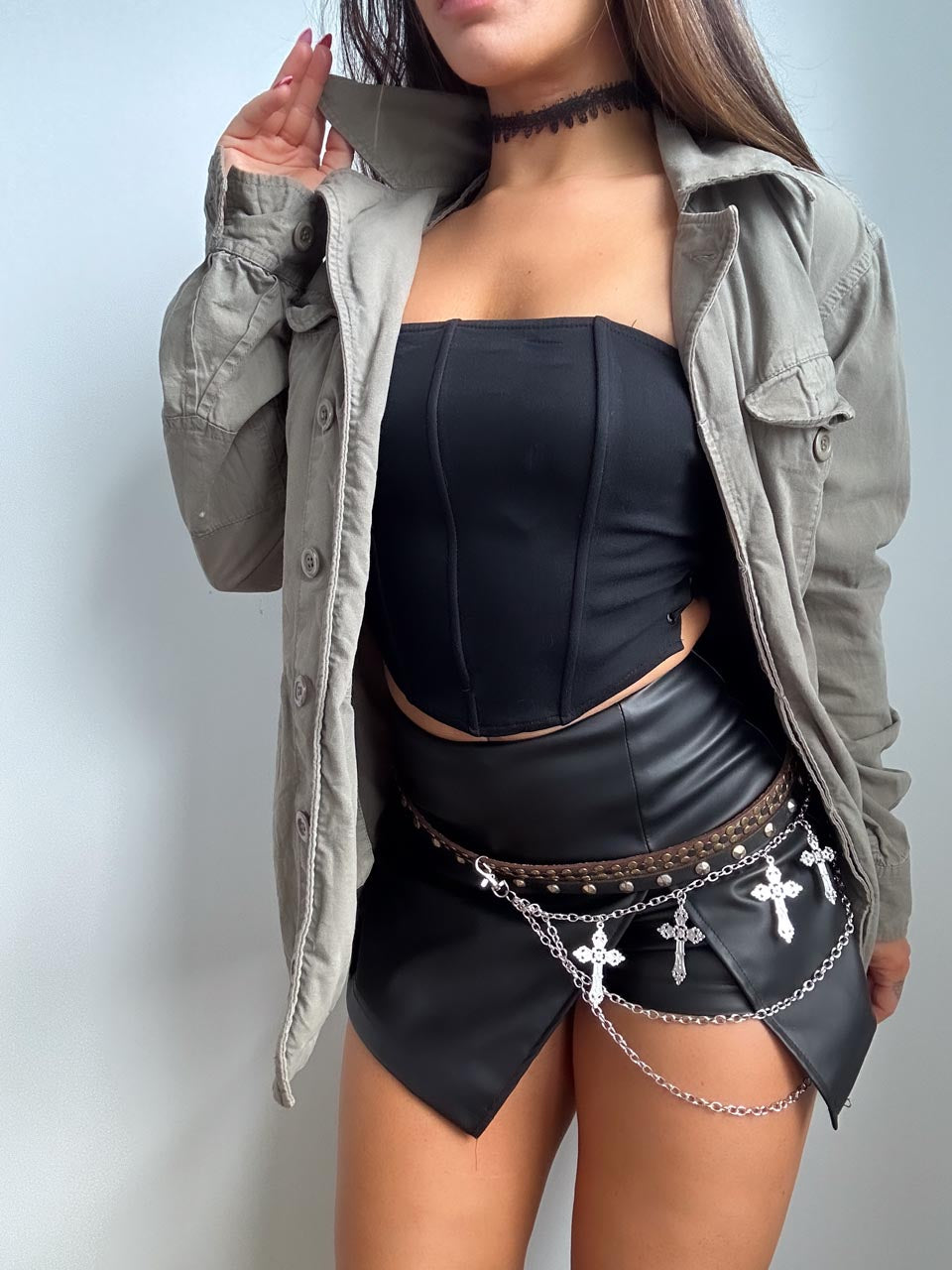 Vintage Fairy Grunge Skull + Crossbones Military Jacket, Printed U.S. Army Green Y2K Utility Coat (XS)