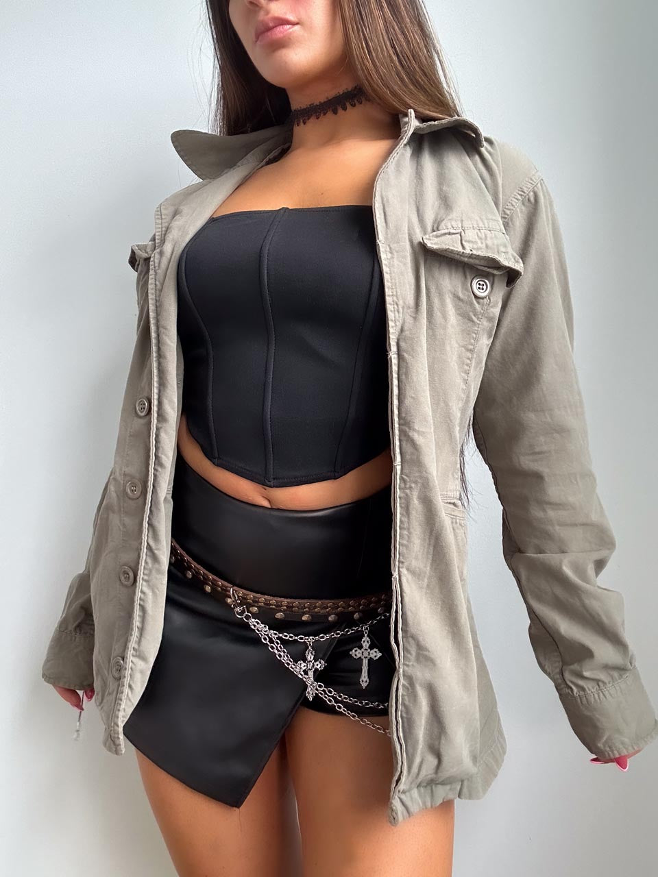 Vintage Fairy Grunge Skull + Crossbones Military Jacket, Printed U.S. Army Green Y2K Utility Coat (XS)