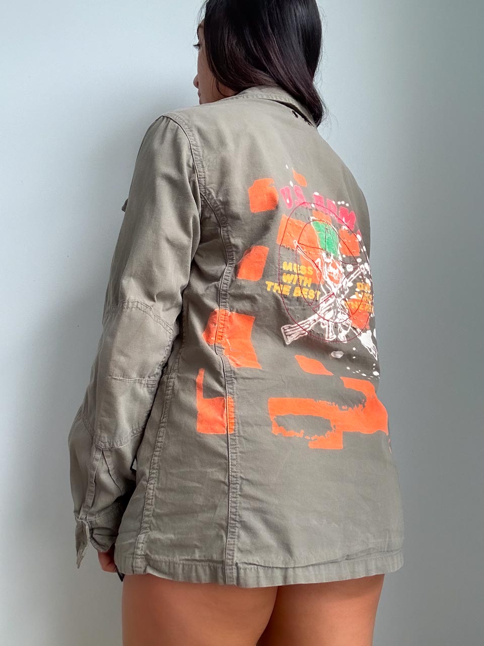 Vintage Fairy Grunge Skull + Crossbones Military Jacket, Printed U.S. Army Green Y2K Utility Coat (XS)