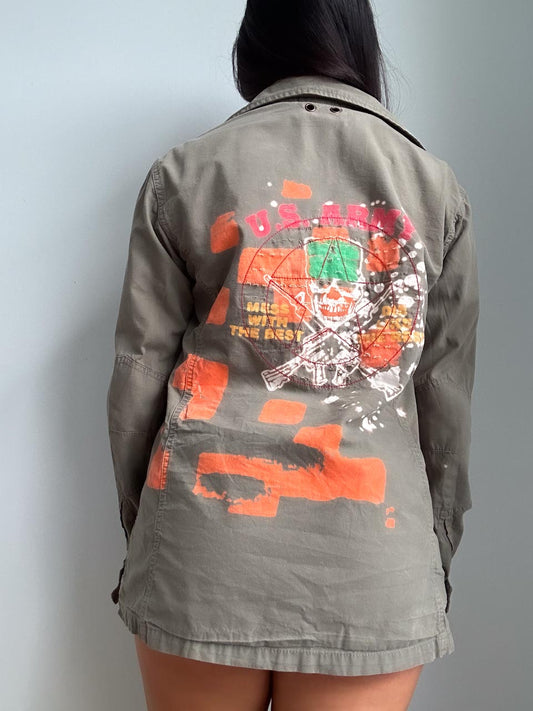 Vintage Fairy Grunge Skull + Crossbones Military Jacket, Printed U.S. Army Green Y2K Utility Coat (XS)