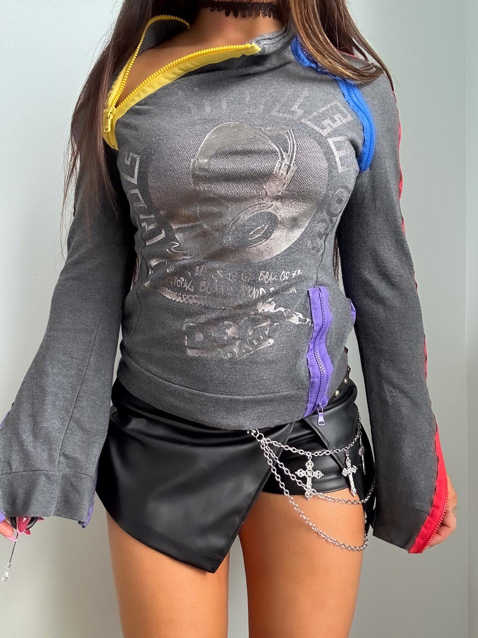Y2K Vintage ACUBI Streetwear Zip Up Long Sleeve, 2000s Asymmetrical Slim Fit Graphic Printed Sweater