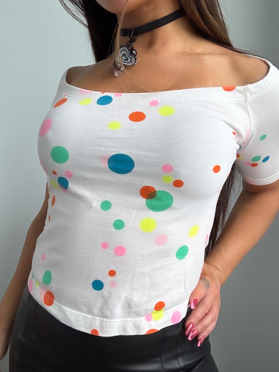 Vintage Miss Sixty Polkadot Off The Shoulder Raglan 3/4 Sleeve Baby Doll Crop Tee (M) ❣️
