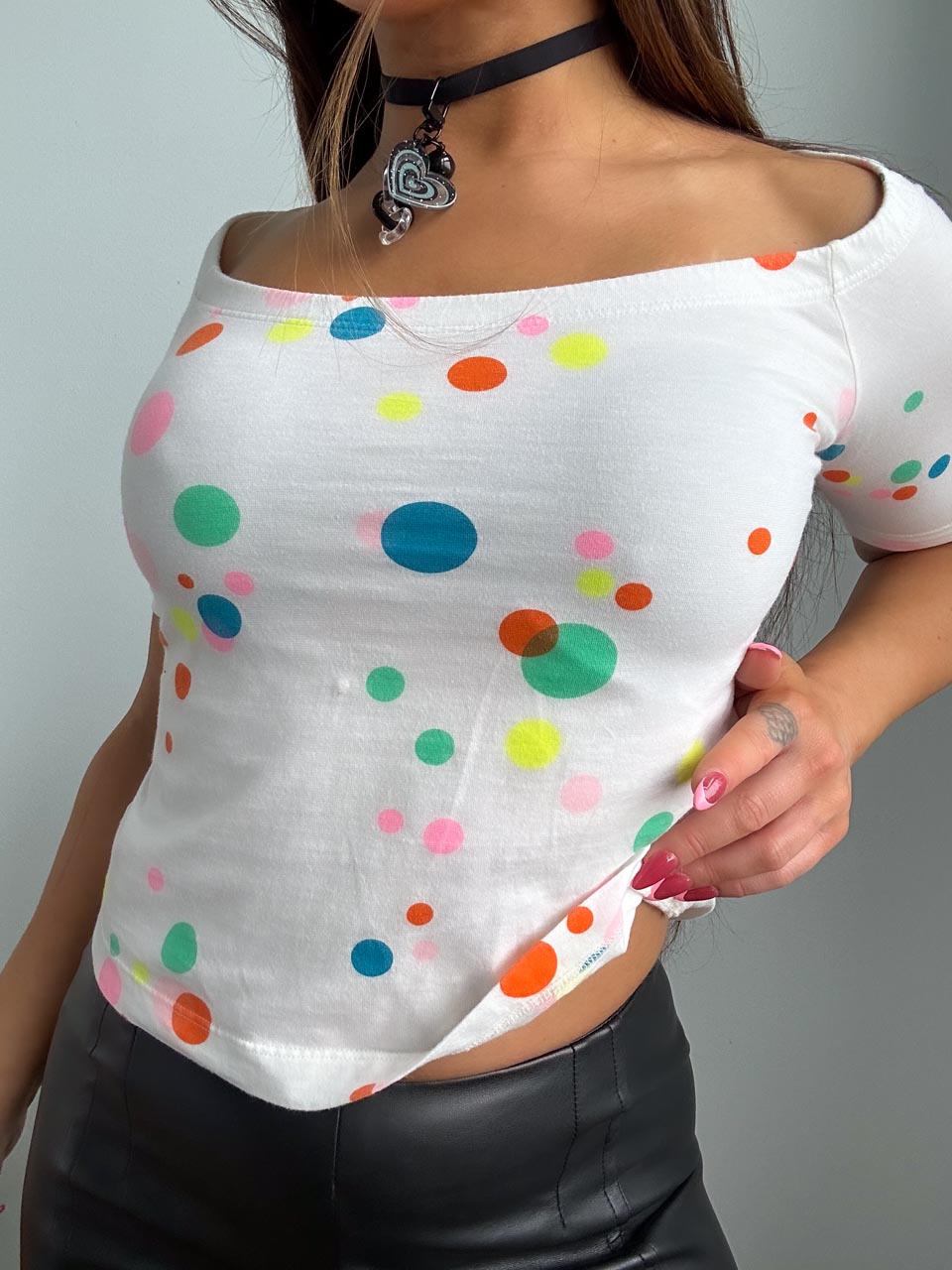 Vintage Miss Sixty Polkadot Off The Shoulder Raglan 3/4 Sleeve Baby Doll Crop Tee (M) ❣️