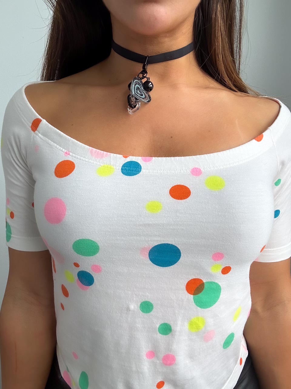 Vintage Miss Sixty Polkadot Off The Shoulder Raglan 3/4 Sleeve Baby Doll Crop Tee (M) ❣️