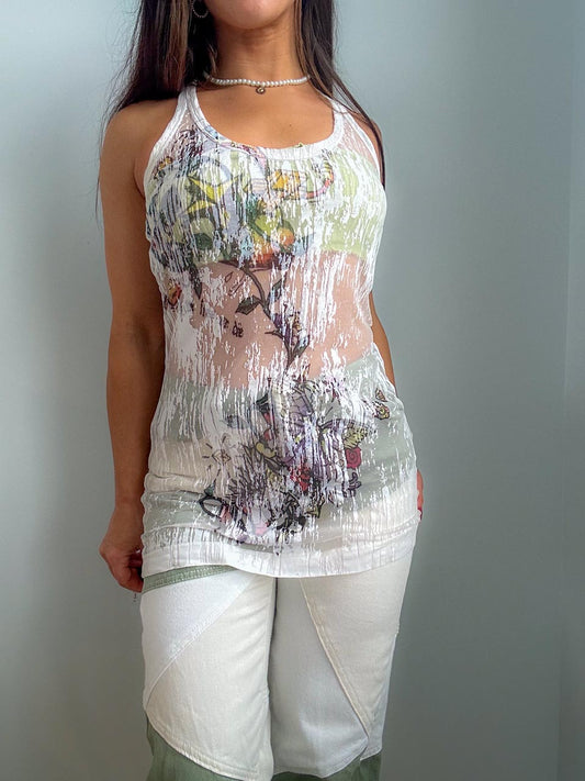 Y2K Vintage Miss Sixty Sheer Mesh Graphic Top, Printed Downton Girl Tank Top (M)