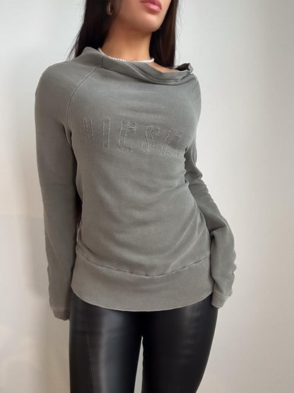Y2K Vintage Diesel Logo Print Downtown Girl Long Sleeve, French Terry Sweater (S)
