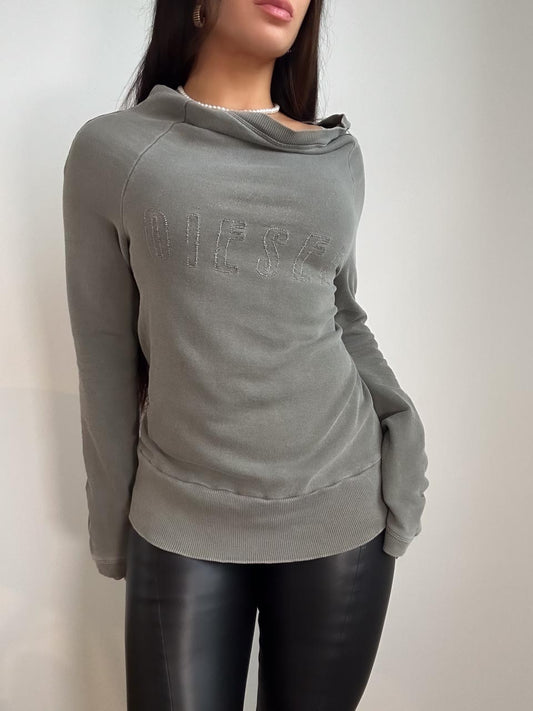 Y2K Vintage Diesel Logo Print Downtown Girl Long Sleeve, French Terry Sweater (S)