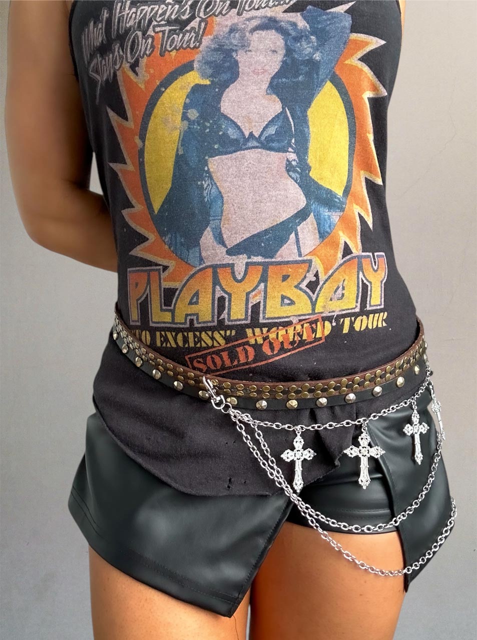 Stylish Gothic Rivet Adjustable Belt - Unisex Punk Silver Cross Multi Layer Waist Belt for Jean Pants