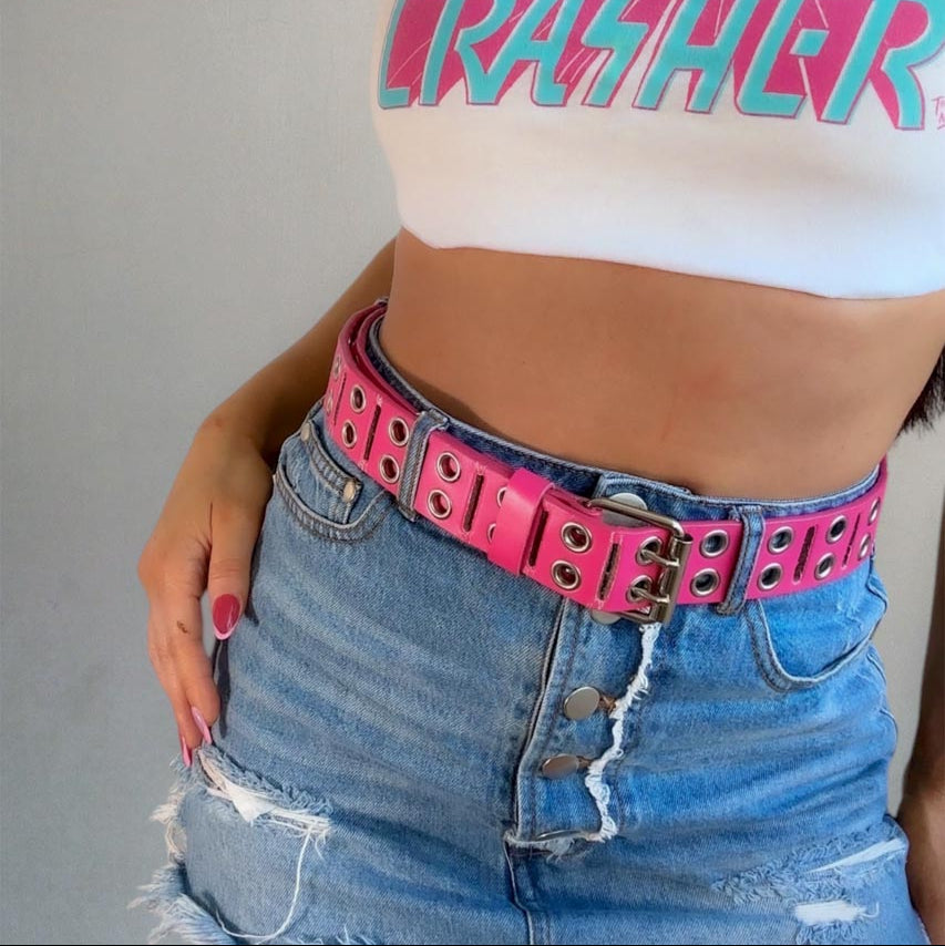 Y2K Double Studded Eyelet Belt, Unisex Pink Punk Leather Belt (M/L)