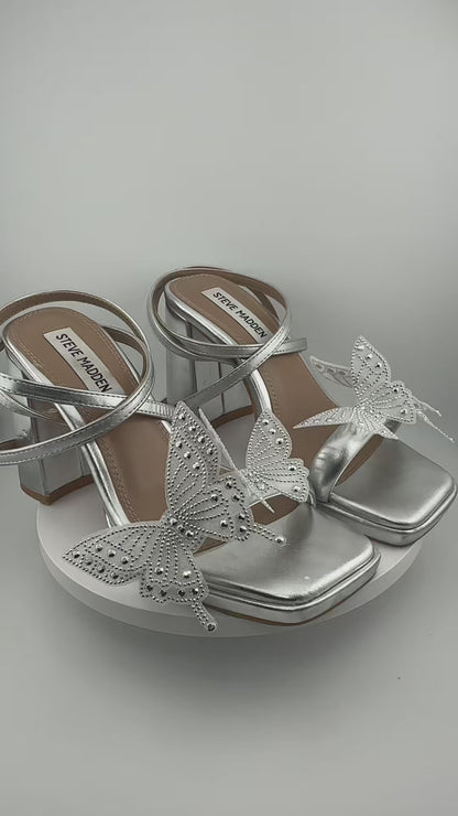 Y2K Mcbling Silver Butterfly Platform Heels, Coquette Lace Up Chunky Platforms (6M)