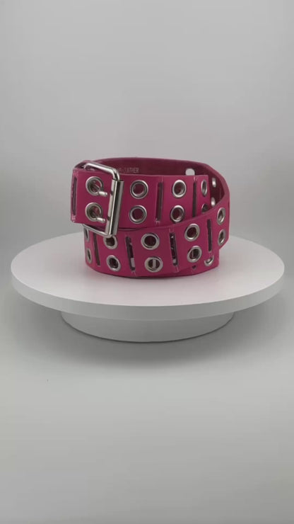 Y2K Double Studded Eyelet Belt, Unisex Pink Punk Leather Belt (M/L)