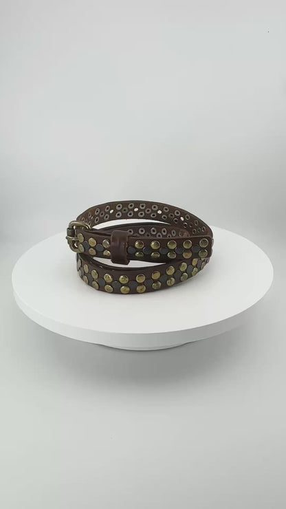 J.Crew Brown Leather Punk Studded Belt, Unisex Gothic Punk, Boho Waist Belt (S)